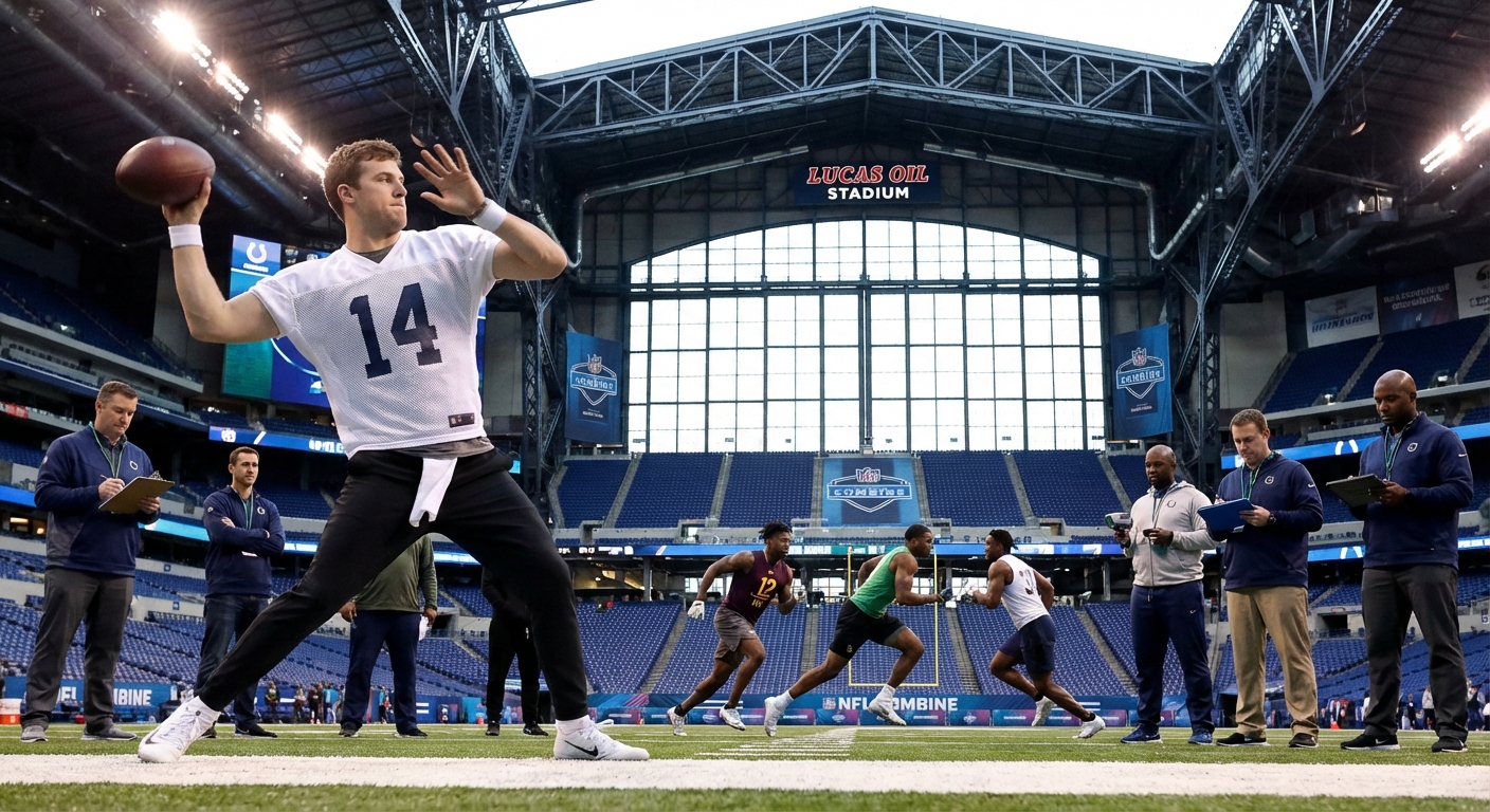 Quarterback throwing a football during NFL Combine passing drills