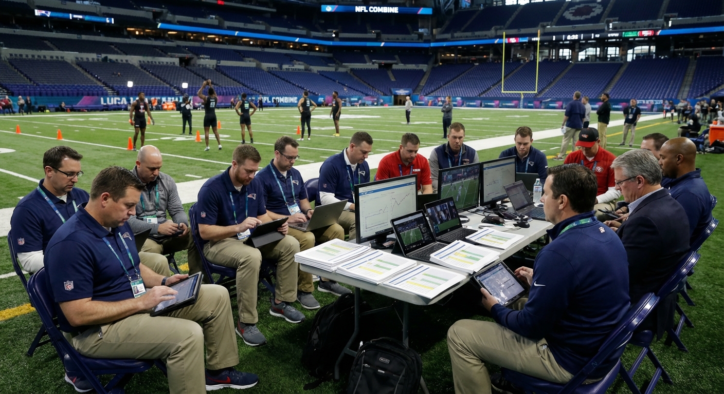 Scouts and coaches reviewing data on tablets at the NFL Combine sideline