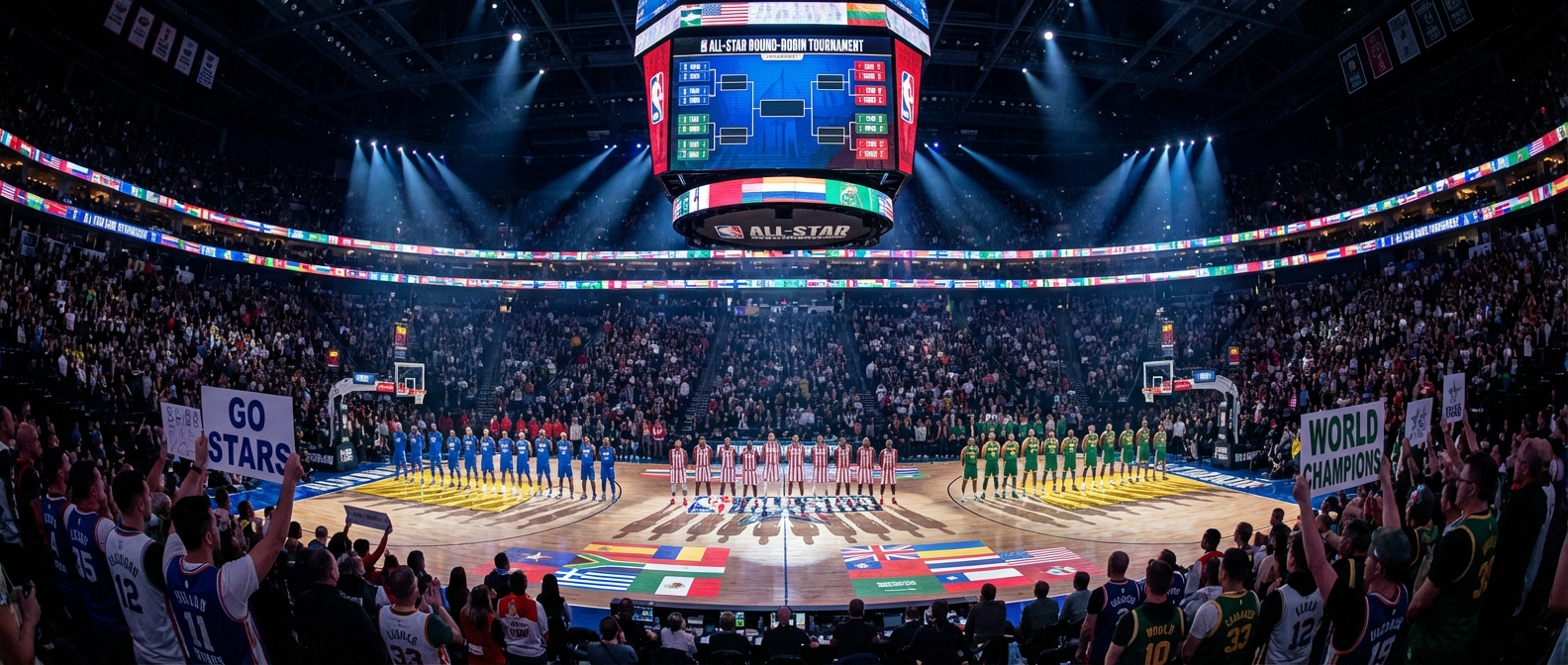 Three basketball teams lined up on an All-Star court with USA and World team designations