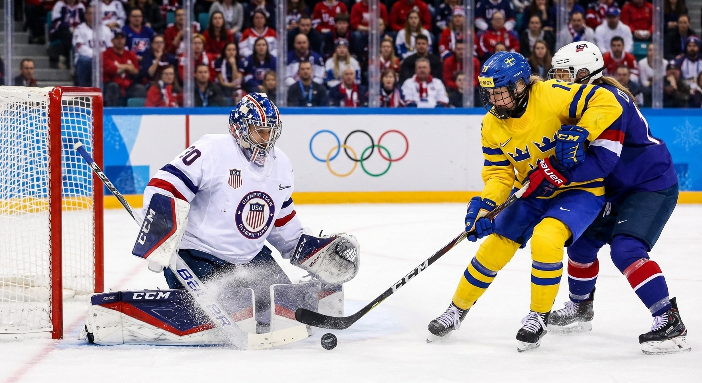 Women's hockey goaltender in USA jersey making a save during Olympic semifinal game