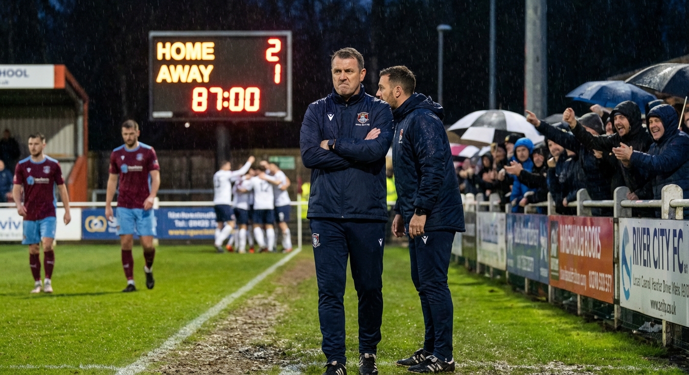 A soccer manager standing on the touchline with arms crossed watching his team lose a crucial league match