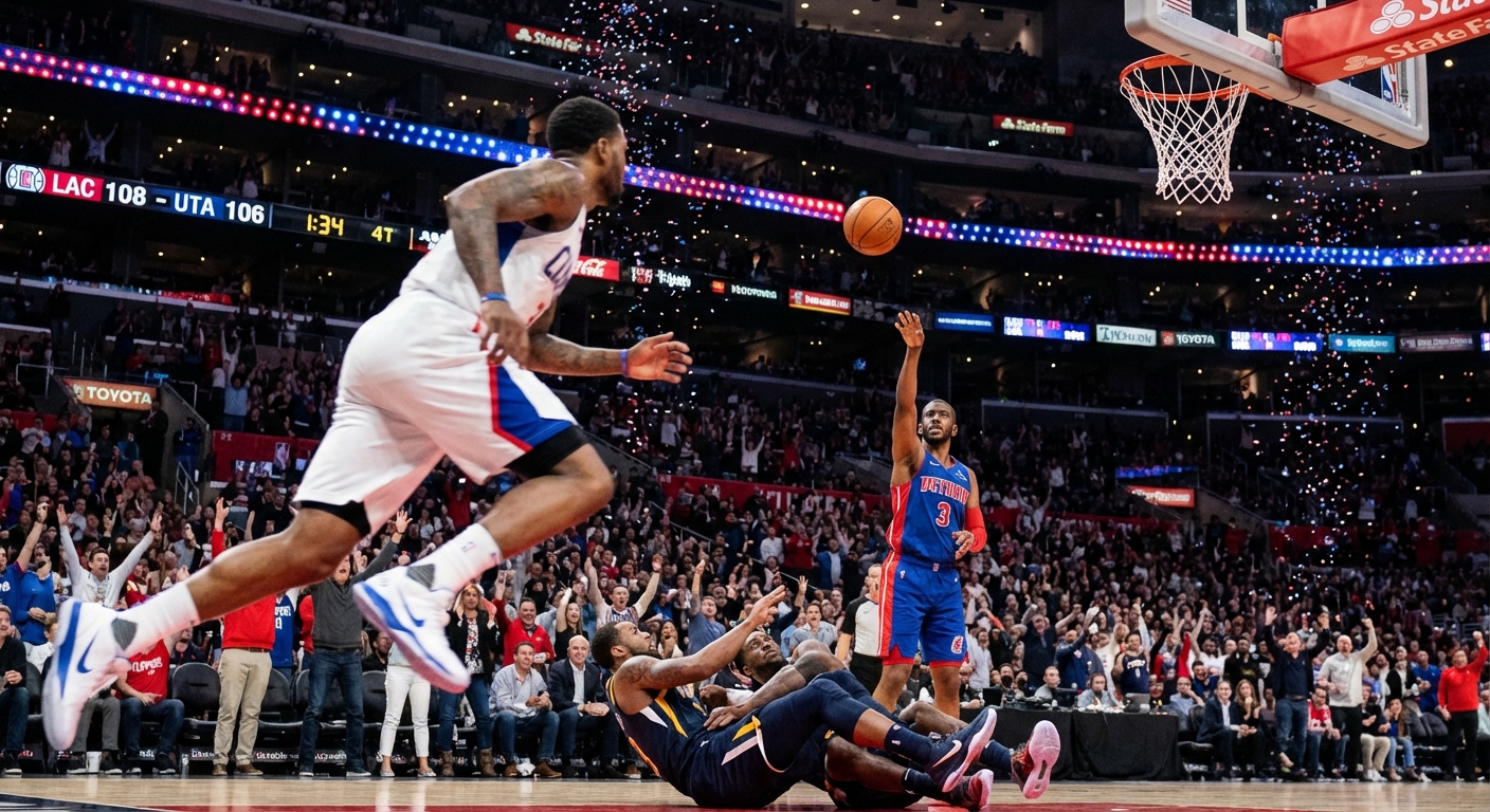 Dynamic basketball play showing a point guard delivering an alley-oop pass in a packed arena