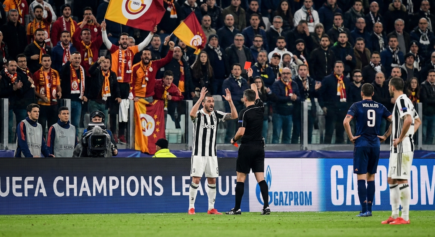 A substitute player receiving a red card from the referee during a Champions League match