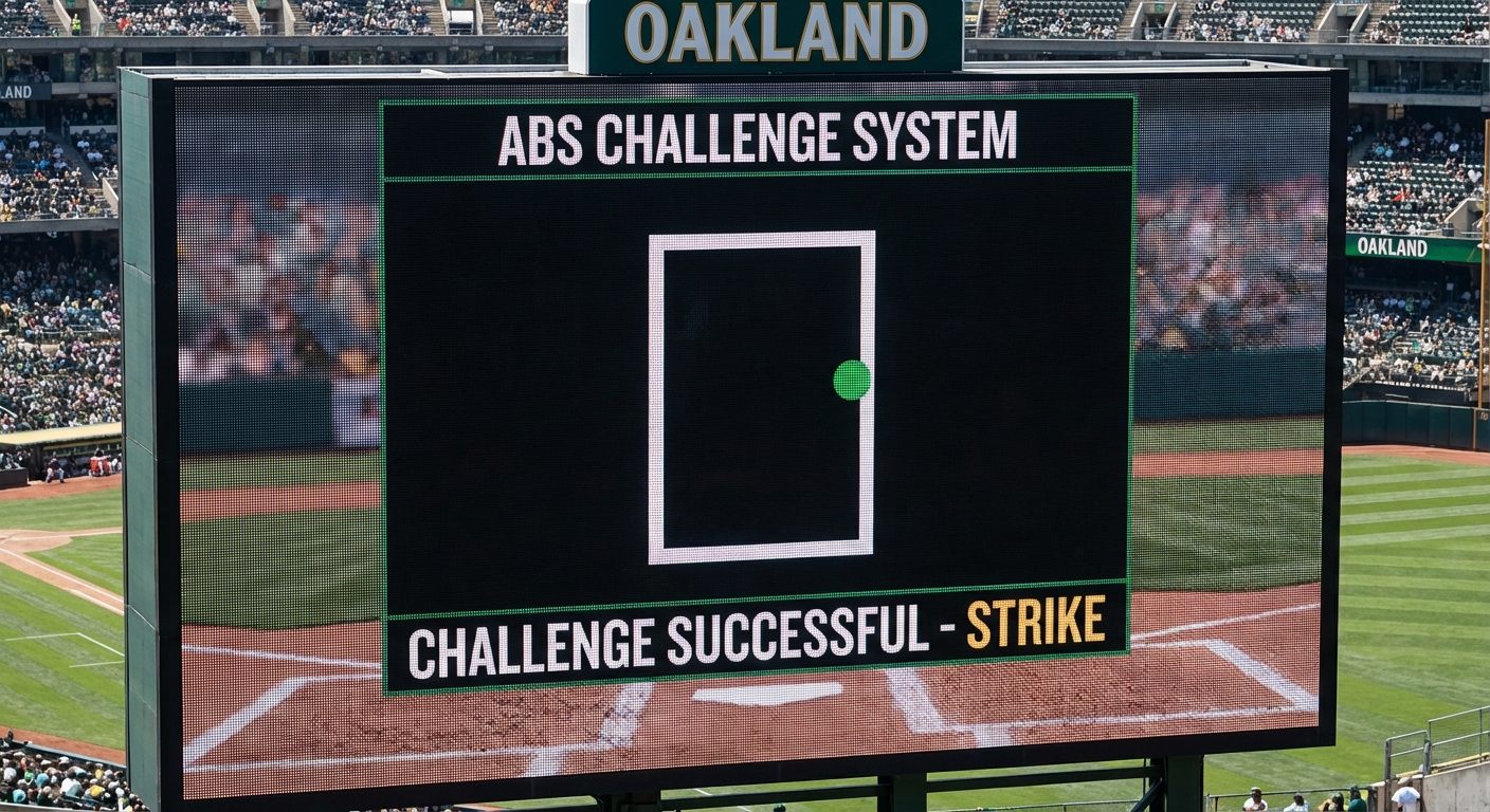 A baseball videoboard displaying a pitch-tracking challenge result with strike zone overlay