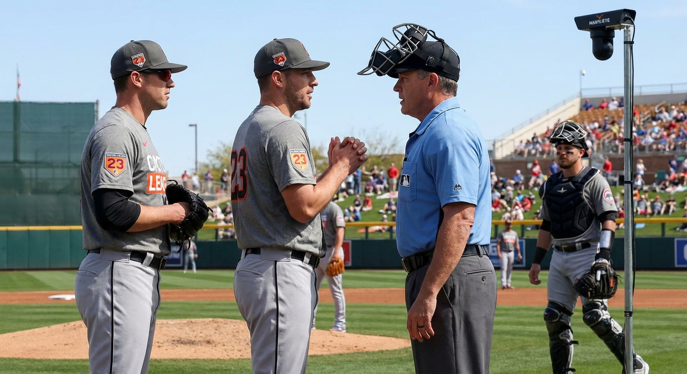 A pitcher and home plate umpire in discussion during a spring training game with ABS technology visible
