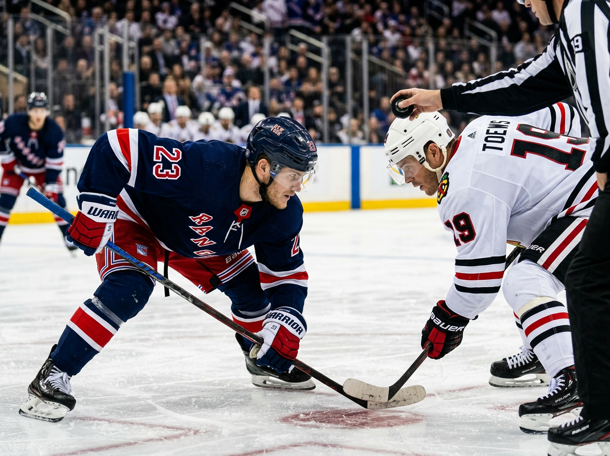 NHL center taking a faceoff with intensity under arena spotlights during a game