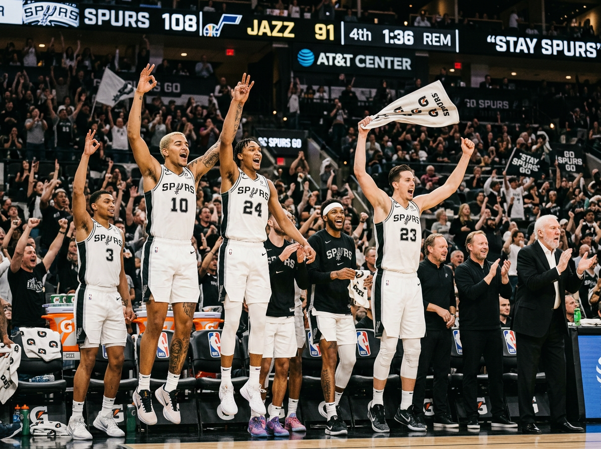 San Antonio Spurs players celebrating on the bench during a blowout home victory