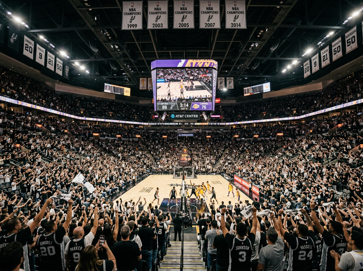 Wide view of the AT&T Center during a Spurs game with a sold-out crowd