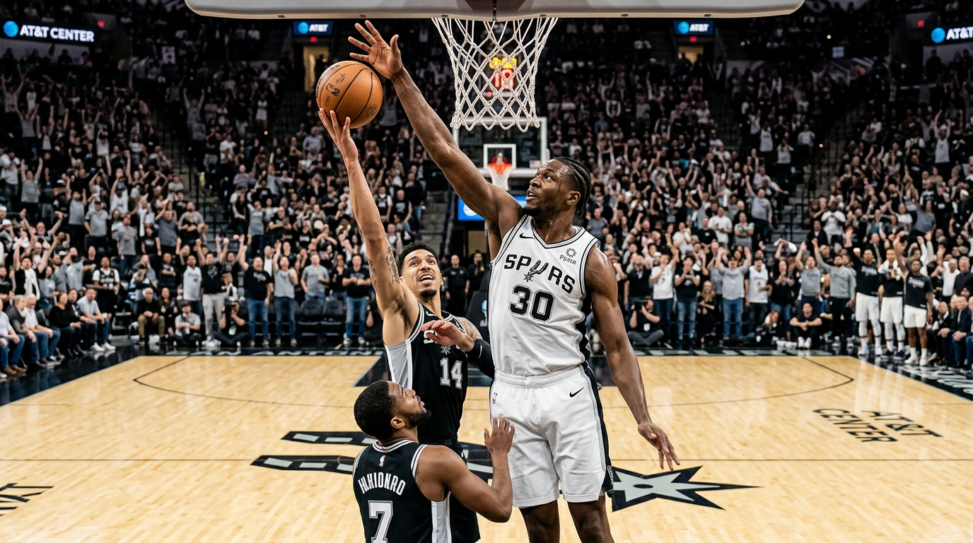 Victor Wembanyama blocking a shot during a San Antonio Spurs home game in 2026