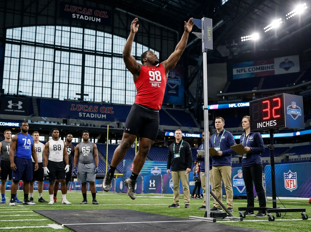 Defensive tackle performing vertical jump test at NFL Combine station