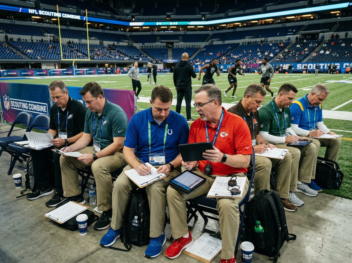 NFL scouts reviewing prospect data on tablets at combine sideline