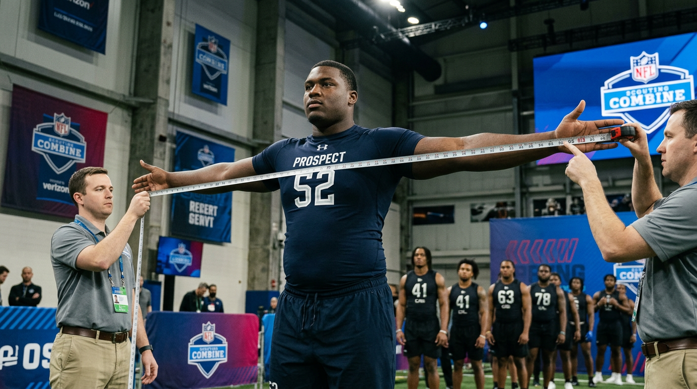 Defensive lineman with long arms in combine jersey at Lucas Oil Stadium