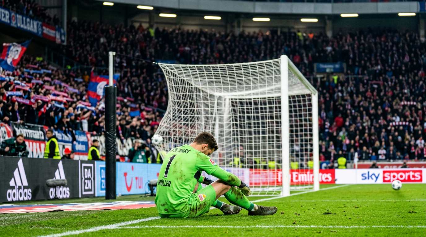 Empty stadium seats behind a goal as a dejected goalkeeper sits on the pitch