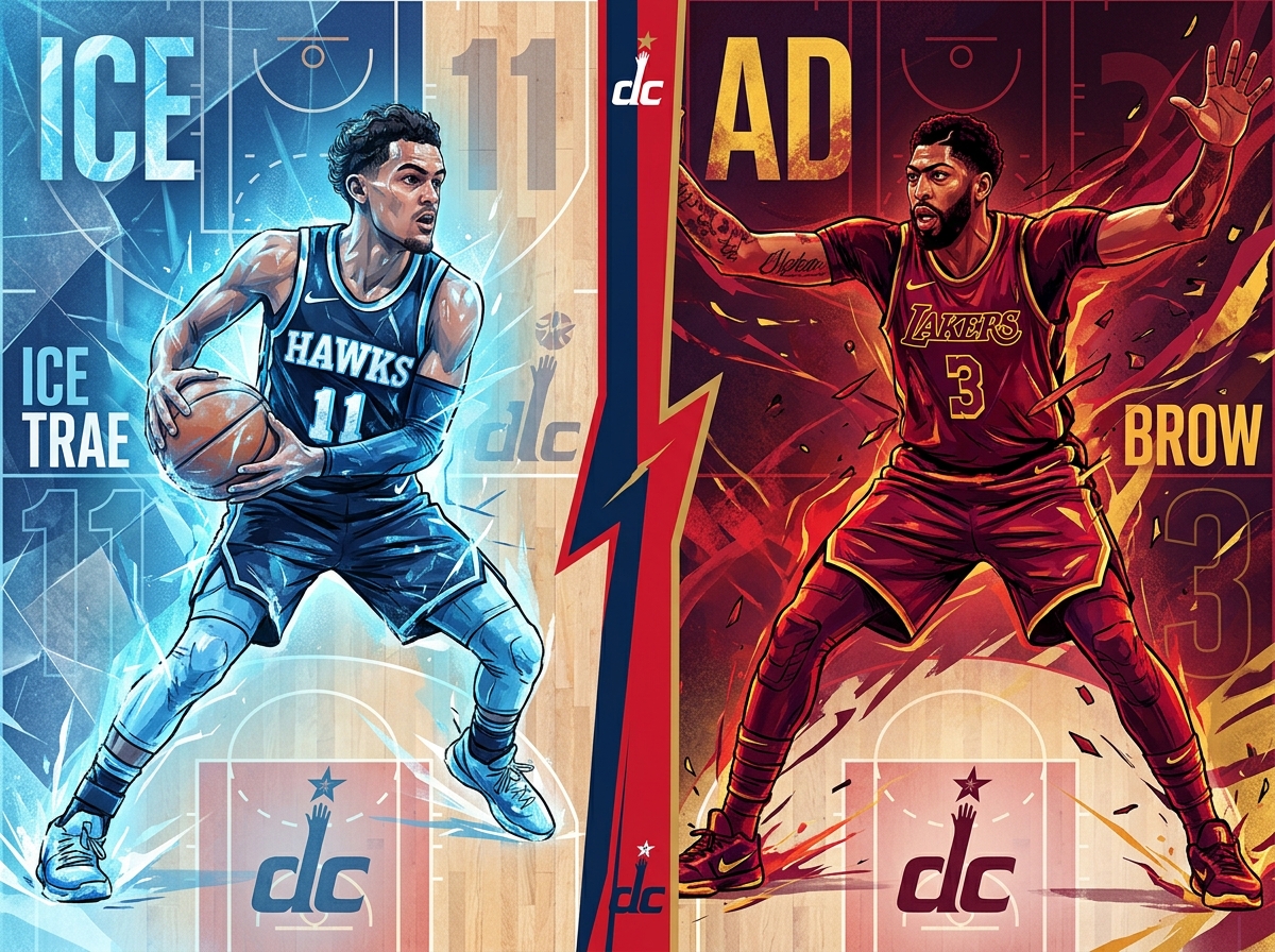 Trae Young and Anthony Davis portraits split by Washington Wizards red and blue colors